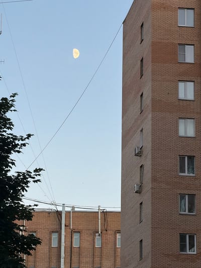 The image captures a clear sky with a crescent moon visible in the upper left quadrant, positioned over a cityscape. In the foreground and to the right, a tall, multi-story brick building with numerous windows dominates the scene. The building exhibits a warm, reddish-brown brick facade. To the left, a portion of another brick building of similar construction is visible, with several windows and vertical metallic pipes running along its exterior. A dark green leafy tree partially obscures the view on the far left. Several thin wires crisscross the sky, suggesting the presence of power lines or communication cables. The overall impression is of an urban environment, likely in Kolomna, Russia, during daylight hours.