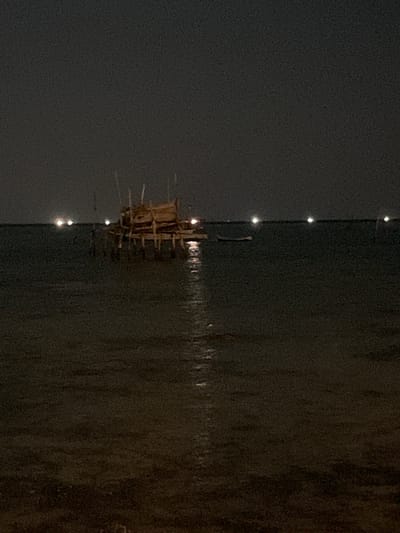 This image depicts a nighttime scene at Legonipah, Indonesia. The main subject is a wooden structure, possibly a fishing platform or a simple hut, standing in dark water. The structure is made of branches and sticks, with some protruding outwards. It appears to be illuminated by several small, bright lights that are also reflected in the water below, creating a shimmering effect. These lights seem to be strung along a pole or line extending from the left side of the frame into the water, creating a vertical line of illumination.
The water itself is dark and calm, reflecting the minimal light sources. The background on the left is a very dark, smooth surface, possibly a wall or a shoreline, also faintly illuminated by the distant lights. On the right, the water transitions into a textured, darker mass, possibly representing a continuation of the water or a different area of the environment. The overall impression is one of a quiet, possibly remote, and dimly lit setting. The time of day is clearly night, given the darkness and the artificial lighting. There is no visible text in the image. The scene evokes a sense of tranquility and perhaps a touch of mystery due to the low light conditions and the solitary nature of the structure.