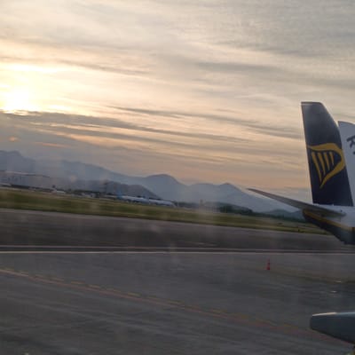 The image presents a peaceful airport scene viewed from an airplane window, likely at Orio al Serio, Italy, during either sunrise or sunset. The soft, warm light from the sun, partially visible on the far left, illuminates a sky filled with streaky, horizontal clouds in shades of muted yellow, orange, and light grey.
In the foreground, the distinctive blue tail fin of a Ryanair aircraft is prominently displayed on the right, featuring the airline's yellow harp logo and partially visible text, including "RYANAIR" on the vertical stabilizer. A portion of the aircraft's wing extends from the lower right.
The middle ground shows the airport tarmac, marked with various red and yellow lines indicating taxiways or parking areas. An orange safety cone stands on the tarmac towards the right. Several other commercial airplanes are parked in the distance, alongside various airport buildings.
Beyond the airfield, a range of mountains stretches across the horizon, their layered silhouettes appearing in soft blues and purples, partly obscured by atmospheric haze. The scene evokes a sense of calm and anticipation, characteristic of an early morning or late evening at an airport. No people are visible, emphasizing the quiet atmosphere.