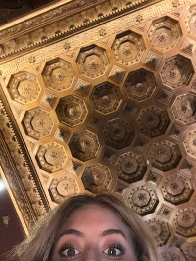 An ornate ceiling covered in a repeating pattern of golden octagons with a flower-like emblem at their centers. The octagons are separated by smaller square details. A decorative border featuring a Greek key pattern runs along the left edge. The lower edge of the ceiling is detailed with intricate molding. The lower-right corner is partly occupied by a person's face, including their eyes, eyebrows, and hair.
