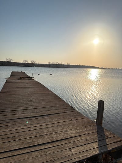 The image portrays an outdoor scene in Utash, Russia, featuring a long, weathered wooden pier extending into a body of water. The pier, constructed from dark brown planks, originates from the lower right foreground and curves slightly towards the distant center-left. Multiple planks show signs of wear and minor damage; one section near the middle left appears to have dislodged or loose wooden pieces. A single, sturdy wooden post is visible at the immediate right edge of the pier in the foreground.

The water surface exhibits gentle ripples and brightly reflects a low-angle sun, positioned in the upper right portion of the sky, creating a distinct path of shimmering light. The sky is clear, transitioning from a pale blue at the top to a warm, light yellow-orange hue near the horizon where the sun is located. A distant landmass, possibly a low bank, spans the horizon, sparsely dotted with bare trees and shrubs. Several dark, indistinct objects are partially submerged in the water to the left of the pier. No individuals or active subjects are present in the scene. Dried reeds or grasses are visible along the immediate shoreline next to the pier on the right.