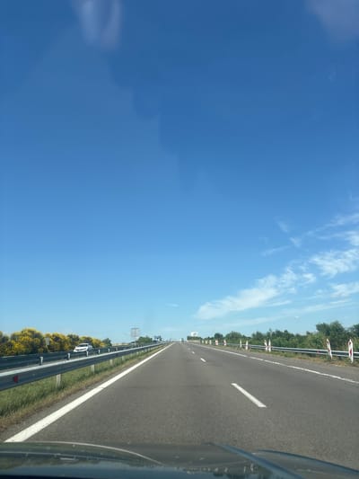 The image is a forward-facing view from a vehicle on a highway. The sky is clear and blue with scattered white clouds. The road is asphalt with white lane markings. On the left side of the road, there is a metal guardrail, followed by a grassy embankment with yellow flowering bushes and trees. A white car is visible on the embankment. On the right side of the road, there are more trees and some red and white striped delineator posts along the guardrail. The overall scene suggests a rural or semi-rural highway environment in Bulgaria. The location is stated as Vinarsko, Bulgaria.