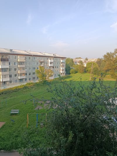 This image, captured in the city of Borodino, Russia, presents a view of a residential area on a clear day. In the foreground, a dense tree canopy partially obscures the scene. The midground features a grassy courtyard with a playground. A green wooden bench is situated on the lawn, and a swing set with yellow and blue metal supports is visible. Further into the midground, a dirt path winds through the grass. To the left, a multi-story, light-gray apartment building dominates the background. The building has a white roof and numerous windows, some with balconies. Beyond the apartment building, other residential structures and trees are visible, set against a pale blue sky with thin clouds. A wooden utility pole stands in the middle ground, to the right of the apartment building. The overall impression is that of a typical urban residential courtyard.