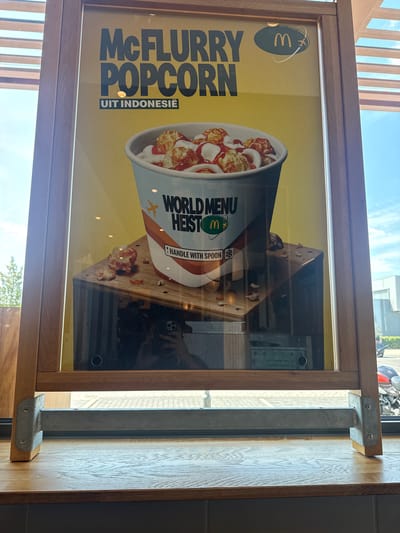 The image shows a framed poster advertising a McDonald's McFlurry Popcorn product. The poster is yellow with bold black text that reads "McFLURRY POPCORN" and "UIT INDONESIË" (which translates to "From Indonesia"). Below the text is a large image of a McFlurry cup filled with ice cream, caramel sauce, and popcorn. The cup has "WORLD MENU HEIST" printed on it. The poster is displayed on a wooden easel in front of a window with a view of trees and a building. The image is taken from a slightly low angle, looking up at the poster. The reflection in the poster shows a person holding a phone, presumably taking the photo. The overall scene appears to be indoors, likely in a McDonald's restaurant or a similar establishment. The presence of the Dutch text "UIT INDONESIË" suggests a location in the Netherlands. A quick search confirms that McDonald's has locations in Oosterhout, Netherlands, and this poster style is consistent with their advertising.
