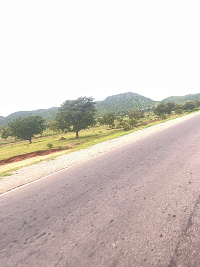 This media file depicts a scenic view from the side of a paved road, likely in Minda, Nigeria. The image is oriented sideways, with the road running diagonally from the upper right to the lower left. The road surface is asphalt, appearing somewhat worn with scattered dark spots, suggesting it is an outdoor, rural setting. To the left of the road is a gravel shoulder, followed by a strip of green grass.
Beyond the grass, the landscape transitions to a gentle, tree-covered hillside and then to more rugged, green mountains in the background. Several mature trees with full canopies are scattered across the grassy area. The sky is bright and overcast, indicating it could be daytime with diffused sunlight. There are no people or vehicles visible in the frame, suggesting a peaceful and uncrowded environment. The overall impression is one of natural beauty and tranquility, potentially experienced during a road trip or a quiet moment observing the surroundings. The lack of specific landmarks makes it difficult to pinpoint an exact location within Minda, but the vegetation and terrain are consistent with a tropical or sub-tropical rural environment.