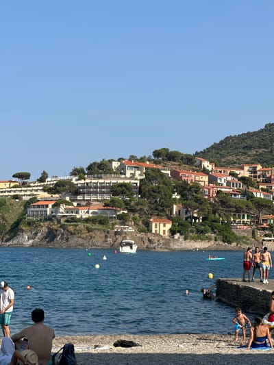 The image depicts a sunny day at a coastal town, likely Collioure, France, given the provided context. A hillside is densely covered with buildings, characterized by terracotta roofs, and lush green trees, cascading down towards a body of blue water. The architecture suggests a Mediterranean style, with structures built into the steep incline.

Several people are present in the scene, primarily along a concrete or stone wall bordering the water. Some individuals are standing, seemingly engaged in conversation or observing the surroundings, while others are sunbathing or resting. One person is seated, wearing a hat and looking towards the water, while another is lying down. Further out in the water, a person is swimming. A yellow ball is visible in the water, suggesting recreational activity. A light blue inflatable object, possibly a raft or mat, is also floating on the surface.

The time of day appears to be midday, judging by the bright sunlight and the shadows cast. The sky is a clear, vibrant blue, indicating fair weather. The overall atmosphere seems relaxed and leisurely, consistent with a vacation or a day at the beach. The image captures a picturesque view of a town built on a coastal hillside, with people enjoying the seaside environment. No visible text is present in the image.