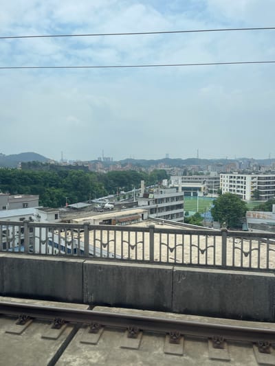 This media file depicts a panoramic view of a dense urban and natural landscape, likely from an elevated vantage point such as a building or bridge. The scene is dominated by a sprawling city with numerous buildings of varying heights and architectural styles, suggesting a densely populated area. In the foreground, a concrete structure with a metal railing runs along the edge, hinting at a balcony, walkway, or infrastructure like a bridge or overpass.
Beyond the immediate urban environment, a lush green forest blankets a hilly terrain, creating a stark contrast between the built and natural environments. A faint mountain range is visible in the distance, under a hazy sky. The presence of power lines stretching across the frame further emphasizes the developed nature of the location.
The weather appears overcast, with a pale, diffused light, suggesting it is daytime, likely mid-morning or afternoon. The overall mood is serene and somewhat expansive, offering a broad perspective of the city and its surrounding natural beauty. While no people are clearly discernible, the presence of cars on a road indicates ongoing activity within the city. No text is legible in the image. The context of Dongguan, China, implies this is a view within that specific region.