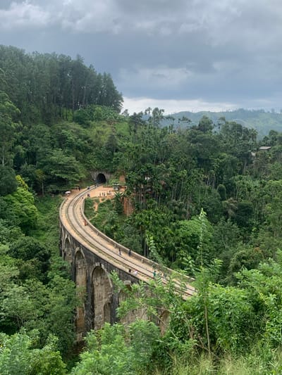 The image captures the iconic Nine Arch Bridge in Ella, Sri Lanka. The bridge, constructed with stone and brick arches, gracefully curves through a lush, dense jungle landscape. Railway tracks run along the top of the bridge, and several people can be seen walking on and around it. In the background, a tunnel is visible, with more people gathered near its entrance. The scene is bathed in the soft light of an overcast sky, with the surrounding hills covered in a thick canopy of trees. The vegetation is predominantly green, with various shades and textures contributing to the verdant atmosphere.