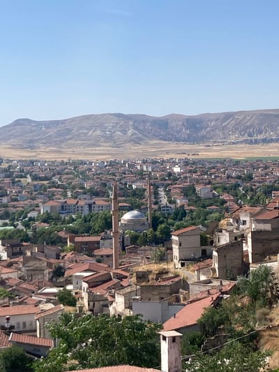 This is a high-angle, wide shot of the city of Avanos İlçe Merkezi, Turkey, under a clear blue sky. In the foreground and midground, the scene is dominated by a densely packed urban landscape featuring numerous residential buildings with red-tiled roofs. The architecture suggests a mix of older and more modern structures. Trees are interspersed throughout the city, particularly in the lower portion of the frame.
A prominent mosque with a dome and a tall, slender minaret is visible in the midground, positioned slightly to the left of the center. The buildings in the midground appear to be of varying heights and styles, with some showing signs of age and disrepair.
In the background, a vast, arid landscape stretches out, characterized by rolling hills and mountains that appear rugged and sparsely vegetated. The overall impression is of a sun-drenched, historic city nestled within a dry, mountainous region. There are no visible people or animals in the image.