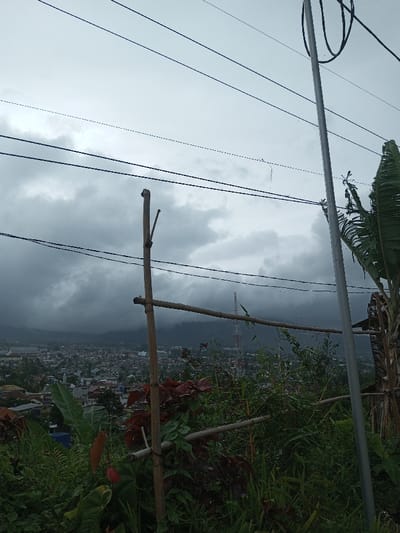 This image depicts an elevated panoramic view overlooking the city of Gadog, Indonesia, under a heavily overcast sky. The foreground features dense, varied vegetation including green foliage and some plants with reddish-brown leaves. A structure composed of vertically and horizontally secured bamboo poles occupies the central-right foreground. A banana plant with large green leaves is partially visible on the far right.
The midground reveals a sprawling urban area or town with numerous buildings, characterized by diverse rooftops. Several structures resembling mosques with dome-shaped features are identifiable. A tall, red and white striped communication tower rises within the townscape. The background consists of mountains or hills largely obscured by low-hanging, dark gray clouds and mist. Overhead, multiple black utility wires traverse the frame, and a metallic utility pole stands vertically on the right side. No individuals or discernible actions are present.