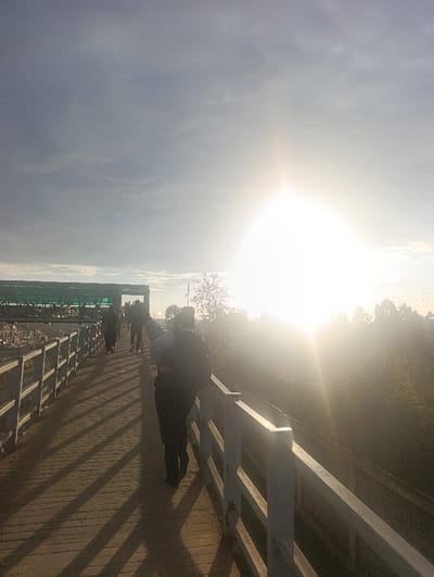 This image depicts a pedestrian overpass or bridge in Kahawa Wendani ward, Kenya. A bright, low-angle sun, positioned in the upper right quadrant, creates intense glare and strong backlighting, silhouetting the subjects. In the immediate foreground, one individual is observed from behind, wearing dark attire and a backpack, walking towards the sun's direction. Several other human figures are visible further down the path, also proceeding in the same general direction. The pathway is flanked by light-colored railings, consisting of horizontal bars and vertical posts, which cast long, diagonal shadows across the walking surface. To the far left in the background, a large green-covered structure is present. The right side of the scene features dense natural vegetation beyond the railing. The sky above is characterized by scattered clouds.