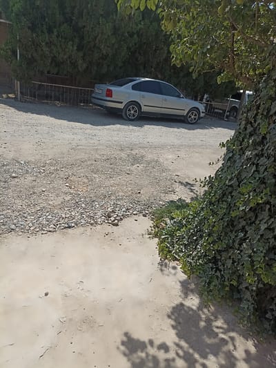 A silver sedan is parked on a dirt road next to a fence covered with greenery. The car's license plate is visible. A tree with green leaves is in the foreground, casting shadows on the ground. In the background, there are more trees and another vehicle. The environment appears to be outdoors in a rural or suburban area.
