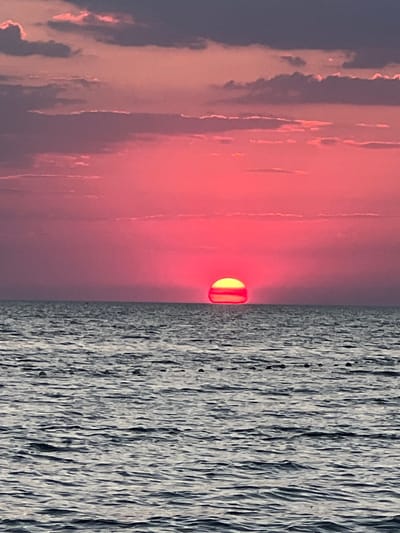 A sunset is captured over a body of water, likely the Black Sea, as viewed from the coast of Челядиновское сельское поселение, Ukraine. The sky is a vibrant gradient of pink and purple, with scattered clouds tinged with the same colors. A large, bright orange sun is setting on the horizon, appearing as a semi-circle just above the water. The water itself is a deep gray, with visible ripples and small, dark objects that could be buoys or small boats forming a line in the middle distance. The overall scene evokes a sense of calm and natural beauty.