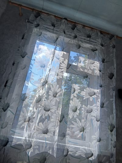 The image shows a window with a sheer white curtain featuring a repeating pattern of large daisies. Sunlight streams through the window, casting shadows and highlighting the translucent fabric. The window panes reveal a bright blue sky with some clouds and the green foliage of trees. The curtain is hanging from a wooden curtain rod. The walls surrounding the window appear to be textured. Based on the typical style of residential buildings and curtains in this region, this scene is likely located in the city of Kalachinsk, Russia.