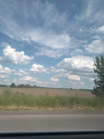 The image depicts a rural landscape near Markivka, Ukraine, observed from a moving vehicle on a bright, partly cloudy day. The sky dominates the upper two-thirds of the frame, showcasing a light blue hue with a mix of cloud formations: wispy, elongated cirrus-type clouds in the upper regions, and distinct, fluffy white cumulus clouds scattered across the mid-sky. A subtle bright spot is present in the upper right sky, possibly the sun obscured by thin cloud or a reflection.

Below the sky, the horizon features an expanse of flat, agricultural fields, primarily appearing as bare, brown soil, interspersed with patches of green vegetation or distant crops. In the mid-distance, several irregular clusters or lines of dark green deciduous trees are visible, marking boundaries or small forested areas. The mid-ground contains a horizontal band of dense, light green vegetation, likely a roadside verge, exhibiting some motion blur.

The immediate foreground reveals a section of a grey asphalt road with a faint white line along its edge, indicating the vantage point is from inside a vehicle traveling on this road. A dark, out-of-focus strip at the very bottom suggests a dashboard or window frame. On the far right, a portion of a tree, characterized by green foliage, is heavily blurred horizontally, consistent with the motion of the viewing vehicle. No people or animals are visible in the scene.