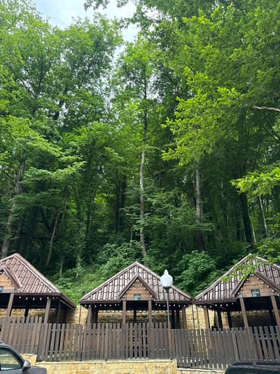 The image shows three wooden gazebos with tiled roofs, lined up behind a wooden fence. The gazebos are set against a backdrop of lush green trees and a hill. String lights are visible under the eaves of the gazebos. A stone wall is partially visible in front of the fence. The sky above is overcast. The scene appears to be a park or recreational area in Guamka, Russia, likely a place for outdoor gatherings or dining. There are no people or animals visible in the frame.