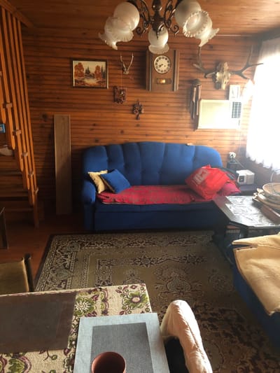 An interior view of a room, likely a living area, located in Сапоцкінскі сельскі Савет, Belarus, is depicted. The room features horizontal wooden plank walls and ceiling. A blue three-seater sofa with a red patterned throw blanket and two pillows (one beige, one dark blue) is positioned against the wall in the center. A red shopping bag rests on the right armrest of the sofa. To the right of the sofa, a dark square coffee table with a tiled top holds a stack of wooden bowls or plates. A bright window, partially obscured by a white curtain, is visible on the far right, with an air conditioning unit mounted beneath it on the wall. A small white electronic device is on a surface next to the sofa near the window.
Mounted on the wooden wall above the sofa are various decorative items: a framed landscape painting with autumnal trees and a lake, a pair of deer antlers, a rectangular wooden wall clock with a circular face and Roman numerals, a large deer skull with antlers, and several smaller wooden decorative hangings. A brass chandelier with five white glass shades hangs from the ceiling.
In the foreground, a large patterned rug with brown, gold, and blue tones covers the floor. Parts of a dining table with a floral patterned tablecloth are visible, set with two placemats (one dark brown, one grey) and a single red-brown ceramic cup. A chair with an olive-green fabric seat is partially visible on the far left. A section of a wooden staircase or banister is visible on the left side of the frame, and a tall, narrow wooden board leans vertically against the wall between the staircase and the sofa. No individuals are present in the scene.