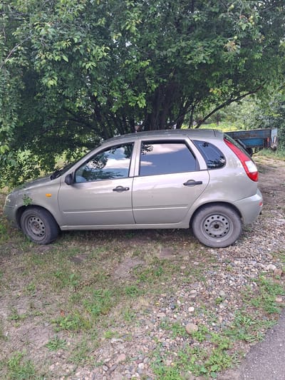 A light gold hatchback car is parked on a gravel and grass area partially shaded by a large tree with green leaves and some unripe fruit. The car is viewed from the side, showing its left profile. The car has tinted windows, black door handles, and silver wheels. An orange reflector is visible on the front fender. In the background, a blue trailer is parked next to some trees. The ground consists of dirt, grass, and small stones. The scene appears to be in a rural or semi-rural setting, possibly on the outskirts of the city of Gorkovskiy, Russia, given the presence of a trailer and the natural vegetation. There are no people visible in the image.