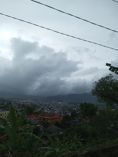 The image presents an elevated panoramic view of the city of Gadog, Indonesia, under a heavily overcast sky. Dark grey, voluminous clouds dominate the upper portion of the frame, with three dark utility lines horizontally traversing the sky above the cityscape. The immediate foreground is characterized by dense, dark green tropical vegetation, including prominent broad-leafed plants, possibly banana trees, and a low, rugged stone wall along the bottom edge.
The midground reveals the urban expanse of Gadog, featuring a dense cluster of residential and commercial structures. Buildings display a variety of architectural styles and roof colors, with many exhibiting reddish-orange tiled roofs. A notable multi-story building with a terracotta-colored facade and a red-tiled roof is situated slightly left of center, adjacent to a lighter-colored, multi-story building. Towards the right midground, a communication tower is visible amidst the trees.
The background consists of a chain of mountains, partially obscured by low-hanging clouds and atmospheric haze, giving them a muted, dark appearance against the lighter cloud layer above the city. No individuals, specific actions, or interactions are discernible within the depicted scene.