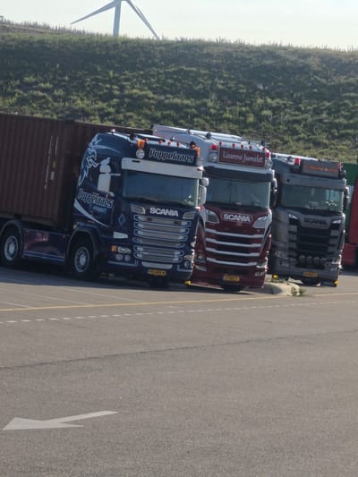 This media file depicts a row of parked Scania trucks on a sunny day, likely in Maasvlakte, Rotterdam, Netherlands, given the presence of a wind turbine in the background. The trucks are lined up on an asphalt surface with yellow and white markings, suggesting a port or industrial area. The sky is bright and clear, indicating good weather.

Several trucks are clearly visible, each with unique branding and details. One truck features the name "Poppelaars Transport" in prominent lettering, with a stylized graphic. Another truck displays "Lisanne Jumelet," and a third has "D. Veluwerikamp." License plates are visible on some trucks, including "69-BZV-6," "95-BFK-4," and "17-BRZ-7." The trucks appear to be engaged in transport or logistics operations, as they are parked and ready for use. The overall scene conveys a sense of industrial activity and readiness. The image is oriented vertically, with the trucks running from the bottom to the top of the frame.