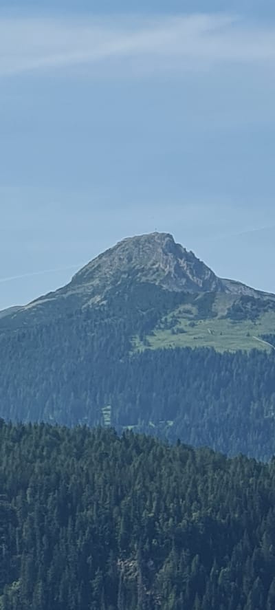 The image shows a tall, jagged mountain peak dominating the frame, its summit crowned with a cross. The mountain is covered in dense green coniferous forest on its lower slopes, transitioning to sparser vegetation and rocky terrain higher up. A clear blue sky with a few wispy clouds forms the backdrop. The scene is a natural landscape, likely a mountain range in the vicinity of Deutschnofen - Nova Ponente, Italy. There are no people or specific objects evident other than the natural features and the cross on the summit. The environment is mountainous and forested.