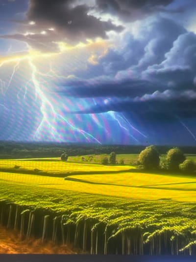 The image depicts an expansive rural landscape under a stormy sky in Zelenyi Hai, Ukraine. The upper portion of the scene is dominated by dense, dark gray and blue clouds on the right, transitioning to brighter, illuminated clouds on the left. Numerous lightning bolts, appearing white and light blue with distinct rainbow-colored chromatic aberration artifacts, strike across the sky, primarily on the left and central areas. A bright yellow light emanates from behind the left-most cloud formation, suggesting a light source interacting with the storm.
Below the tumultuous sky, a distinct horizon separates the atmosphere from the terrestrial landscape. A dark green band of distant trees or forest runs horizontally across the midground. Below this treeline, the landscape consists of cultivated fields. The fields immediately below the distant trees are a vibrant yellow-green, appearing flat and broad, with subtle variations in tone. Several clusters of rounded, dense green trees are scattered within these yellow-green fields. In the foreground, a distinct field displays rows of dark vertical supports with bright green foliage draped over them, consistent with a vineyard or trellised crop. No people, animals, or direct actions are visible. The image exhibits a prominent diagonal line pattern, characteristic of moiré or screen artifacts, particularly in the sky.