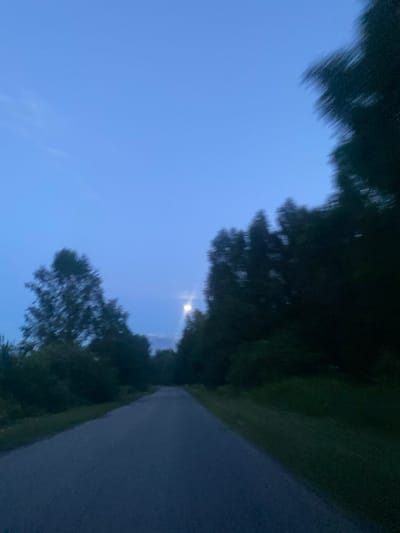 The image captures a blurry, low-light view of a paved road stretching into the distance, flanked by trees. The sky is a deep, dusky blue, suggesting either dawn or dusk. A faint, round object, possibly the moon or a distant light source, is visible in the upper center of the frame, partially obscured by trees. The trees on either side of the road are dark and indistinct due to the low light and motion blur, giving the impression of movement. The overall scene is dark and somewhat desolate, with the road appearing to lead into a wooded area. No people or specific landmarks are identifiable. The location is stated to be Yablonnoe, Russia, though no visual cues within the image itself confirm this.