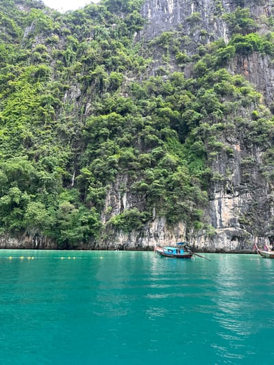 A longtail boat, painted blue and red, floats on turquoise water near a sheer, verdant cliff face. The cliff is covered in dense foliage and rocky outcrops. Several yellow buoys are visible in the water, marking a boundary. The sky is overcast. Another longtail boat is partially visible in the background. The scene is located in Haad Yao, Thailand.