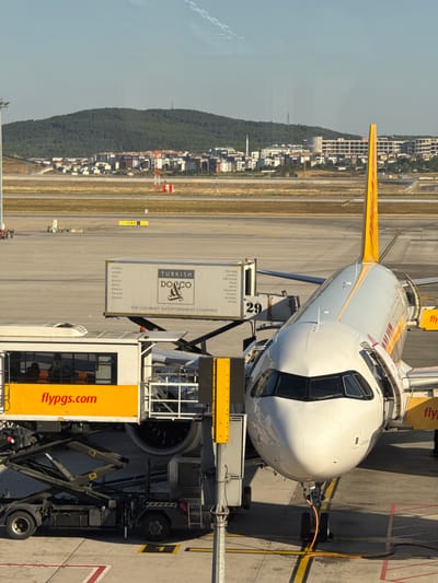This is a vertical, medium-shot, eye-level photograph taken from inside an airport terminal, looking out at an airplane parked at a gate. The airplane, primarily white with yellow and red accents on its tail, is connected to a jet bridge. The jet bridge itself is white and gray, with the number "29" prominently displayed. Text on the jet bridge reads "TURKISH DO&CO THE GOURMET ENTERTAINMENT COMPANY" and lists various cities including "ISTANBUL", "ANKARA", "IZMIR", "ANTALYA", "ADANA", "BODRUM", "DALAMAN", "TRABZON", "NEW YORK", "LONDON", "BARCELONA", "MILAN", "BERLIN", "FRANKFURT", "MUNICH", "SALZBURG", and "VIENNA". A yellow section of the jet bridge has the website address "flypgs.com" printed in red.
In the background, a cityscape with numerous buildings and dense greenery lines a hillside. Beyond the city, a hazy sky suggests a bright, likely sunny day. The scene is set at an airport, with tarmac and runway markings visible. The perspective is from an airport window, indicated by reflections in the lower left corner. The overall atmosphere is one of travel and transit.