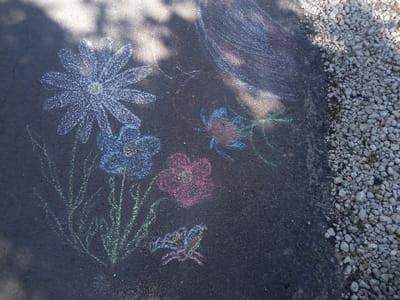 A chalk drawing of several flowers and a butterfly is depicted on a dark asphalt surface. The drawing includes a large white daisy-like flower, a blue flower, a pink flower, and a multi-colored butterfly. Green chalk is used for stems and leaves. The scene is outdoors, with a shadow from tree branches cast across the drawing. To the right of the asphalt, a border of light-colored gravel is visible. The specific location in the city of Usman, Russia, is not indicated by any visual cues in the image.