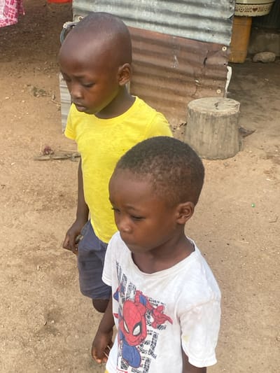 The scene in Idiroko, Nigeria, depicts two young male children standing on a dirt ground in front of a rustic background. The child in the foreground, of approximately 3-5 years of age, has short dark hair and wears a white t-shirt featuring a red and blue Spider-Man graphic. He looks downwards and slightly to his left. Behind and slightly to the right of him, a second child, estimated to be 4-6 years old, is partially visible. This child has a shaved head, wears a yellow short-sleeved t-shirt and dark blue shorts, and also looks downwards in a similar direction. The background features a weathered, corrugated metal sheet structure with rust, visible behind the children. To the right of this structure, a light-colored wooden tree stump serves as a resting object. Above the stump, a decorative, light-colored container is partially visible. The ground is packed, light brown dirt with minor debris.
