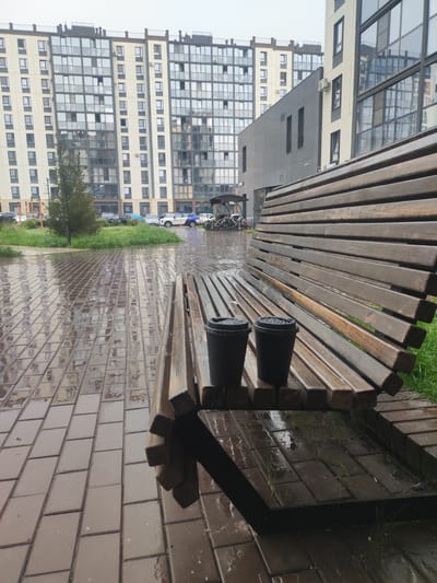 The image depicts an outdoor scene in the city of Prigorodny, Russia, on a rainy day. A wet paved area leads to a wooden bench with two black disposable coffee cups resting on it. In the background, modern residential buildings with numerous windows are visible, along with parked cars and some greenery. The overall atmosphere is damp and subdued due to the weather.