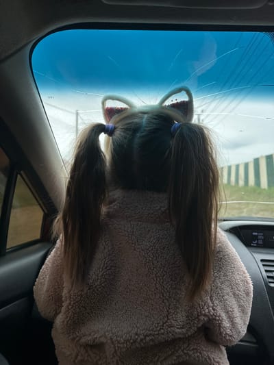 The image, taken from inside a car in Kuda, Russia, captures the back of a child's head looking out through a cracked windshield on a bright, sunny day. The child has long, dark brown hair styled into two pigtails, secured with light purple elastics. They are wearing a white and pink cat-ear headband, visible above their head. The child is dressed in a light-colored, fluffy, possibly sherpa-textured jacket or blanket, suggesting comfort or cooler temperatures.
The most prominent feature is the car's windshield, which has multiple long, thin cracks spreading across its surface, originating from a central point. Through the cracks, a clear blue sky is visible, along with glimpses of a distant landscape featuring horizontal striped patterns, possibly fields or a distant structure. To the right, part of the car's dashboard is visible, showing an illuminated digital display with text reading "18:38" and "71," accompanied by what appears to be a temperature unit symbol. The interior of the car also shows parts of the dark seat and a gray roof lining. The overall impression is of a passenger in a moving vehicle, looking forward.