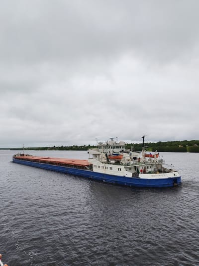 A wide shot shows a river barge traversing a body of water in Bol'shoi Dvor, Russia, under an overcast sky. The barge is long and narrow, painted with a blue hull and a white upper section, and topped with orange-colored coverings. On the front end of the barge is a multi-tiered structure, presumably the bridge and crew quarters. Several lifeboats are visible, as is a black antenna or mast. On the rear of the boat, the inscription "BOAIO-AOH 5010" is visible. The body of water the barge is traveling on is dark, with visible waves and ripples. The shoreline is in the distance, with green trees and some buildings dotting the landscape.