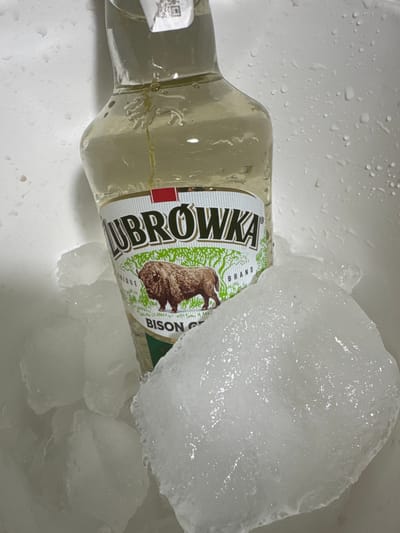 A bottle of Zubrowka Bison Grass Vodka is chilled in a white bucket filled with ice and water. The bottle is mostly submerged, with its label clearly visible. The label features the brand name "ZUBROWKA" in large green lettering, a depiction of a bison, and the text "BISON GRASS VODKA". The background of the bucket shows water droplets on its white surface. The scene is static and takes place indoors. There are no people or animals present in the image. The location of Tymchenky, Ukraine, is not discernible from the visual information provided in the image.