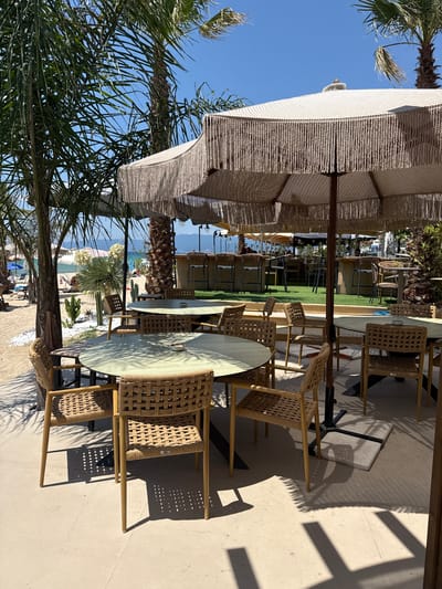 This image captures an outdoor seating area at a beachside establishment in Ofrynio Beach, Greece. The scene is dominated by a large umbrella with a fringed edge, providing shade over several round tables and wicker chairs. Palm trees are visible in the foreground and background, along with a view of the sea and coastline in the distance. Other elements include a bar area with stools and tables, and several potted plants, including cacti. The ground is paved with light-colored tiles, and sand is visible on the left side of the image, indicating the proximity to the beach. The sky is clear and blue. No people are clearly depicted in the immediate seating area, though some figures are visible on the beach in the background.