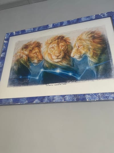 The image displays a framed painting of three lions. The painting is mounted on a light gray wall. The frame of the painting is decorated with a blue and white patterned design. Below the lions in the painting, there is some text that appears to be a signature and date, reading "artist Emily Diag - STORNARA 2021". The background of the painting is a dark blue with white and blue light effects. The lions are depicted with golden manes and intense gazes, facing towards the viewer. The overall impression is that of a stylized and artistic representation of these animals, with a possible connection to the Italian city of Stornara.