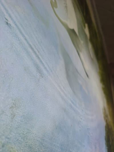 The image depicts a close-up, angled view of what appears to be a painting or a textured surface with swirling patterns of light blue and green. The texture is granular, with small raised dots scattered across the blue areas, suggesting a canvas or textured paint. Wavy lines of a lighter shade of blue are visible, hinting at the flow of water or a similar dynamic element. On the right side, darker green and brown hues are present, forming elongated shapes that could represent foliage or abstract forms. The lighting is diffused, and there are no clear indicators of time of day or weather. The overall impression is one of abstract art or a close-up of a painterly surface, with no discernible figures, objects, or specific activity. The location context of Bravicea, Moldova, does not provide any direct visual cues within the image itself. There is no visible text.