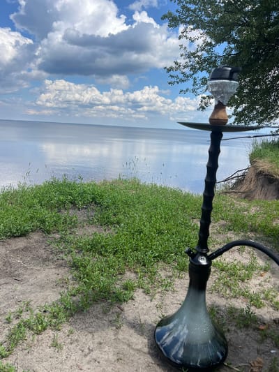 A black hookah with a grey gradient base sits on sandy ground covered with green grass and some sparse vegetation. The hookah is positioned in the foreground, slightly to the right of the center. Behind it, a large body of water stretches to the horizon, reflecting the blue sky and white clouds. A tree with green foliage is visible on the right side of the image, with its branches extending over the scene. The overall environment appears to be a natural outdoor setting, possibly a lakeside or riverbank.