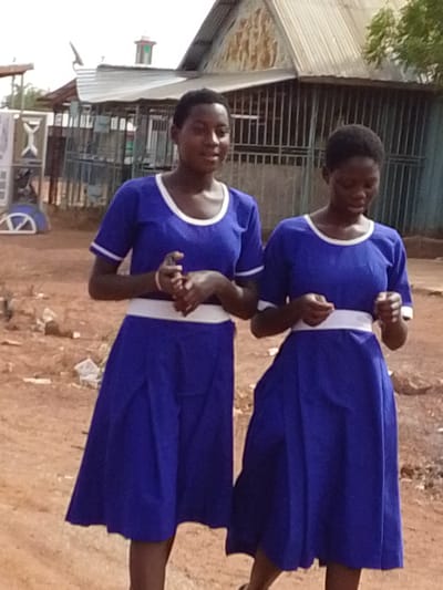 This full-shot photograph captures two young females outdoors in Dungu, Ghana, likely during the daytime under bright conditions, though without harsh shadows. Both subjects are standing on a reddish-brown dirt ground, possibly a path or open area.

The females are dressed in identical royal blue dresses with short sleeves, featuring white trim around the necklines and cuffs, and a wide white sash or belt at the waist. They both have short, dark hair and dark complexions. The subject on the left is positioned slightly in front, looking towards the camera with a gentle smile. Her hands are clasped loosely in front of her. The subject on the right is looking downwards, her expression more subdued, and her hands are also clasped or holding something small in front of her.

The background consists of several simple buildings with corrugated metal roofs and walls, suggesting a semi-urban or rural setting. A metal fence or gate structure is visible between the subjects and the background buildings. The ground is unpaved, showing patches of dirt, small rocks, and some scattered debris or litter. No visible text is present in the image.