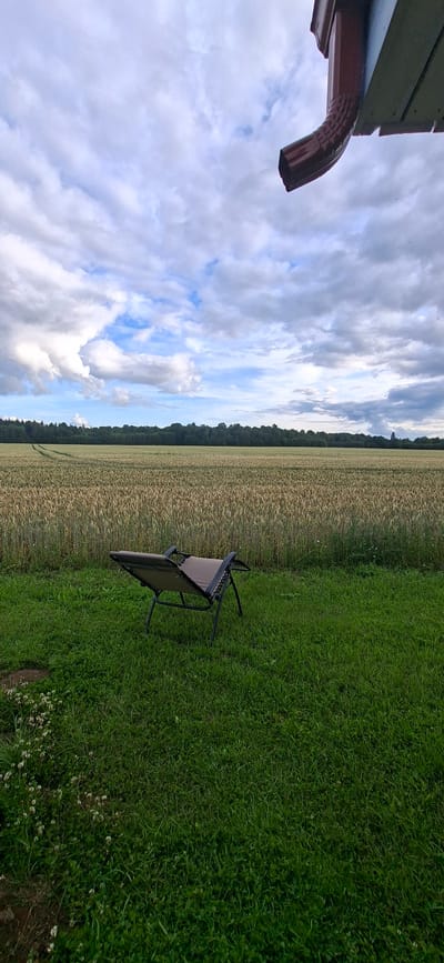 The image depicts an outdoor scene with a brown chaise lounge positioned on a lush green lawn. In the background, a vast field of golden wheat stretches towards a dense line of trees. Above, a cloudy sky fills the upper portion of the frame, with a portion of a red downspout visible in the top right corner. The setting appears to be in a rural area, potentially near Viru-Jaagupi alevik, Estonia, given the landscape. There are no people or animals visible in the image, and the chaise lounge is unoccupied. The scene is static and captures a moment of quietude.