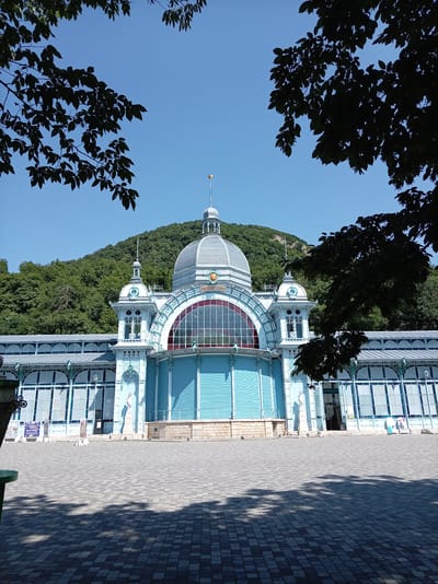 This is a low-angle, full-shot, outdoor, daytime photograph of the Zheleznovodsk spa colonnade, located in Zheleznovodsk, Russia. The building features a light blue, ornate facade with white trim and a large, arched window with a red tint, topped by a dome. The colonnade is surrounded by a paved courtyard, and lush green trees and a tree-covered hill rise in the background under a clear blue sky. The image is partially obscured by dark green tree branches in the foreground. There are no people visible in the photograph.