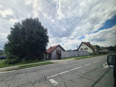 The image depicts a scene on a street in Radelsdorf, Austria, featuring residential buildings and a large coniferous tree. The perspective is from a vehicle traveling along a paved road with cracked asphalt and white lane markings. To the left of the road is a sidewalk and a grassy verge. A prominent, dense, dark green coniferous tree is situated on the left side of the frame, partially obscuring a portion of the sky.
Behind the tree and sidewalk are two residential buildings. The first building, closer to the tree, is a single-story house with a reddish-brown tiled roof, light-colored walls, and a dark entrance. The second, slightly further down the street, is a larger, two-story house with a similar reddish-brown tiled roof, white walls, and windows with brown shutters. A light-colored, long wall runs between the two properties. A lamppost is visible in front of the second house.
The sky above is predominantly filled with a layer of grey and white clouds, with patches of blue sky visible through some breaks. The overall lighting suggests an overcast day. A dark-colored SUV is parked on the left side of the street behind the coniferous tree. The right side of the image shows a portion of a vehicle's side mirror, indicating the photographer's viewpoint.