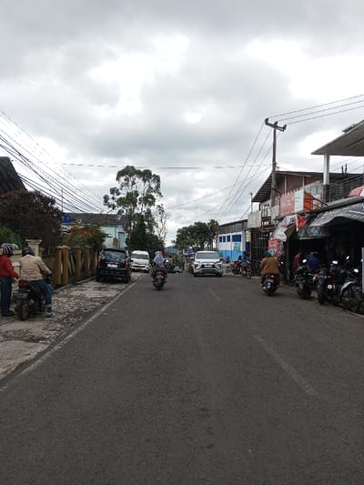 The image depicts a street scene in Taohom, Laos, under an overcast sky. The asphalt road, running from the foreground into the distance, shows faint white dashed lane markings centrally located further down the thoroughfare.
On the left side of the road, two individuals stand beside a parked black motorcycle. One person, wearing a red jacket and a light-colored helmet, faces right. The second person, in a light brown jacket and a light-colored helmet, is positioned with their left leg over the black motorcycle, facing the first individual. Behind them, a low concrete fence with rectangular segments fronts a residential area with lush green foliage and various buildings. A dark SUV is parked parallel to the fence, followed by a white van further down. Overhead, a dense network of utility wires spans across the frame, connected to utility poles.
In the middle of the road, a person on a black motorcycle, wearing a dark jacket and a light-colored head covering (possibly a hijab), travels away from the viewer. Further in the distance, a white SUV proceeds towards the viewer.
On the right side of the road, a series of commercial buildings line the street. Many motorcycles are parked perpendicularly along the curb. A utility pole stands prominently with overhead wires. Several people are visible near the storefronts. One person on a brown motorcycle, wearing a brown jacket and helmet, moves away from the viewer. The storefronts feature awnings and various signs, some with indistinct text.
In the background, a row of trees is visible, with distant hills or mountains subtly outlined against the cloudy sky.