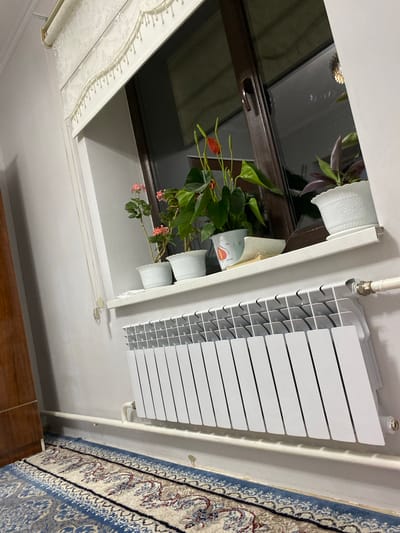 A detailed forensic, matter-of-fact description of the scene, which appears to be an interior room in a residential dwelling in the city of Тынчтык, Kyrgyzstan: The image captures a section of an interior wall featuring a window, a radiator, and a portion of a floor rug. The wall itself is painted a light, neutral color, possibly white or off-white, and shows some minor imperfections consistent with typical household wear. Dominating the lower portion of the image is a white, multi-sectioned radiator. It is a modern, ribbed design, and appears to be installed along the base of the wall. A white pipe, likely part of the heating system, connects to the radiator on the right side of the frame. Above the radiator, a white windowsill extends across the frame. On the windowsill, several potted plants are arranged. Two smaller potted plants with delicate pink flowers are positioned to the left. To their right, a larger plant with vibrant green leaves and prominent red spathes, characteristic of an Anthurium, is visible. Further to the right, another potted plant with purplish-green leaves is situated in a white decorative pot. A small, white, decorative object, possibly a vase or figurine, is also present on the windowsill near the left edge of the frame. The window itself is large and appears to be made of dark wood or a dark-colored frame. The glass reflects the interior of the room and hints at exterior light sources, possibly artificial illumination from within the room. A decorative white valance with beading and lace detailing hangs from the top of the window, partially obscuring the upper portion of the window frame. A beaded chain, likely part of a window covering mechanism, hangs vertically on the wall to the left of the window. The floor in the lower left of the image is covered by a rug with an intricate pattern. The dominant colors of the rug appear to be blue, cream, and red, with ornate floral or geometric motifs. To the far left of the image, a portion of a wooden piece of furniture, possibly a wardrobe or cabinet, is visible. Its surface is smooth and has a medium-brown wood grain. The overall lighting suggests an indoor setting, possibly evening or a dimly lit room, with artificial light contributing to the illumination. There are no people or animals visible in the scene. The objects are static, indicating a still