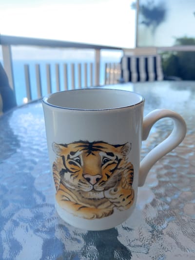 A white ceramic mug with a painted tiger face is placed on a glass-topped table. The mug has a white handle and a thin blue rim. The tiger's face is depicted with orange fur, black stripes, and black eyes. The background is blurred, showing a railing and the ocean. The scene is outdoors, likely on a balcony or patio. There are no people present.
