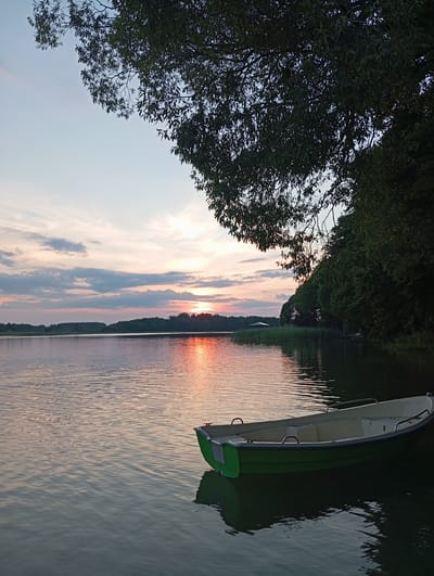An evening scene captured at the lake in Mołowiste, Poland, features a green and white rowboat gently floating on calm water. The sun, partially obscured by clouds, casts a warm orange glow across the sky and reflects on the water's surface, creating a serene atmosphere. The shoreline is lined with lush green trees and reeds, with a small building visible in the distance. A large tree canopy hangs over the scene, adding to the tranquil, natural setting.