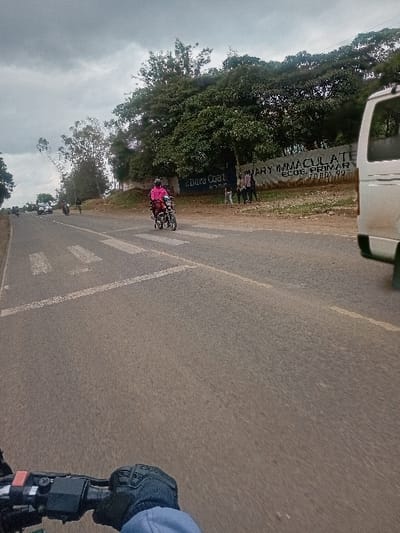 The image depicts a street scene in Nanyuki, Kenya, specifically on the road adjacent to Mary Immaculate Primary School, identifiable by the white wall bearing the text "MARY IMMACULATE ECDE, PRIMARY P.O BOX 90". The perspective is from the handlebars of a motorcycle, with a gloved hand (black, possibly textile, with a blue cuff) gripping the right handlebar. The sky is overcast.

The road is asphalt, marked with white dashed lines and a discernible zebra crossing in the foreground. Traffic is present, moving in both directions. Directly ahead and slightly to the left, another motorcycle, operated by an individual wearing a pink top, is positioned on the road, having just crossed the marked pedestrian area. Further down the road on the left, additional vehicles, including a white car and another motorcycle, are visible.

On the right side of the road, beyond the dirt shoulder, stands a white perimeter wall densely covered by green trees. Partially visible text on this wall includes "Dura Coat" and "MARY IMMACULATE ECDE, PRIMARY P.O BOX 90". A group of approximately five individuals, indistinct in detail, are standing on the dirt shoulder near this wall. To the far right, a portion of a white van or similar vehicle is visible, indicating traffic or parking near the roadside.