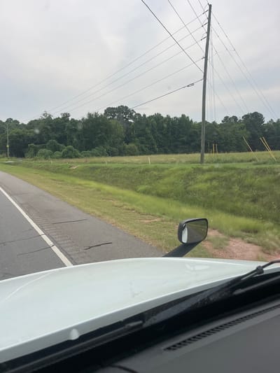 An outdoor, overcast, daytime, eye-level shot captures a roadside scene from the perspective of a vehicle's interior. In the foreground, the white hood of a truck extends across the bottom of the frame, with the windshield wipers visible at the top of the dashboard. To the left, a side-view mirror reflects the road behind.
The midground features a paved road with a white lane marker running along its left edge. Adjacent to the road is a grassy verge. Beyond this, a field of green grass stretches towards a dense line of trees that forms the backdrop. A wooden utility pole with multiple power lines extends vertically through the scene, positioned in the middle ground. In the far distance, a patch of trees is visible. The environment appears to be rural.