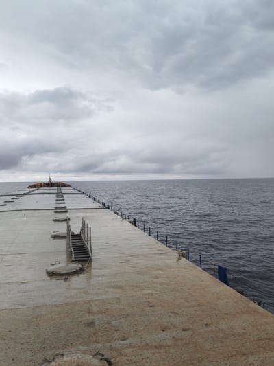 The image shows a long, flat deck extending into a gray body of water under a cloudy sky. The deck is light gray, possibly concrete or metal, and appears weathered with stains and imperfections. It has evenly spaced manhole covers and a set of metal stairs along its length. A blue railing runs along the edge of the deck bordering the water. In the distance, a structure sits at the end of the deck. The setting suggests a pier or dock, with the weather indicating a potentially overcast or rainy day. The location is not identifiable as Mologa, Russia without further evidence.